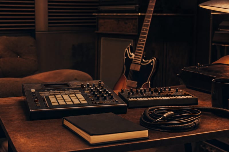 Dark amber recording studio corner with a drum machine, compact MIDI controller, coiled cable, blank notebook, and a guitar leaning safely against furniture in the background, with no readable text or logos.