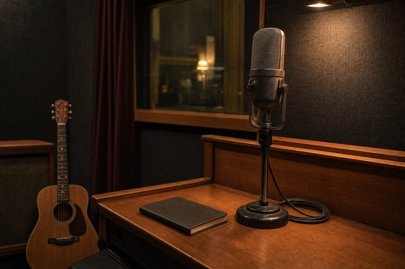 Warm honey-amber vocal booth with a vintage microphone on a stand, closed dark notebook, coiled cable, and a small intact acoustic guitar resting in the background.