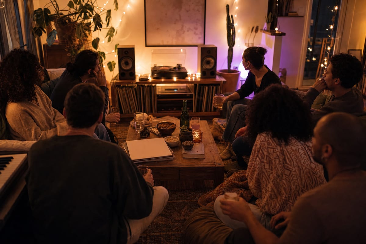 Editorial photo: a small group of friends listening to music together on a phone and speaker in a living room, warm evening light, no readable text