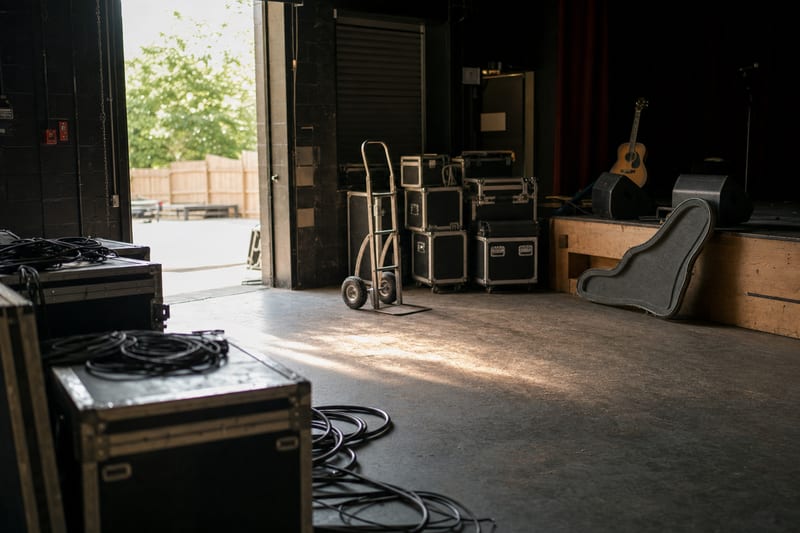 The interior of an empty music venue before a show, with road cases stacked by a loading door, coiled cables on the floor, a hand truck, and a guitar case resting near the stage.
