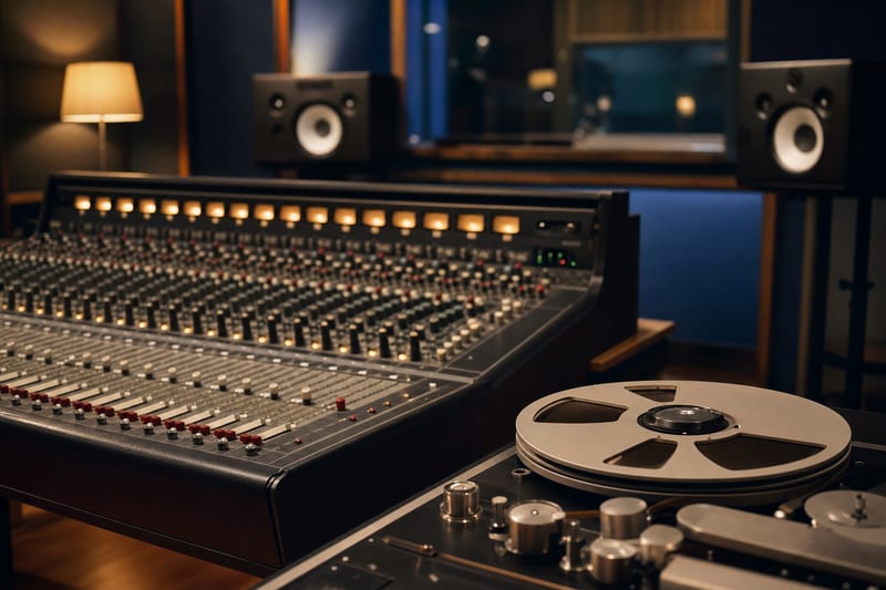 Editorial photo: a recording engineer's hands on a mixing console fader next to a labeled master tape reel, studio lighting, no readable text