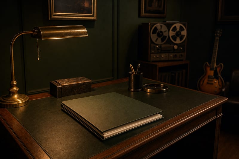 Dark forest-green and amber rights desk with closed blank folder, brass lamp, reel-to-reel tape machine, and a guitar resting against a wall, with no readable text or logos.