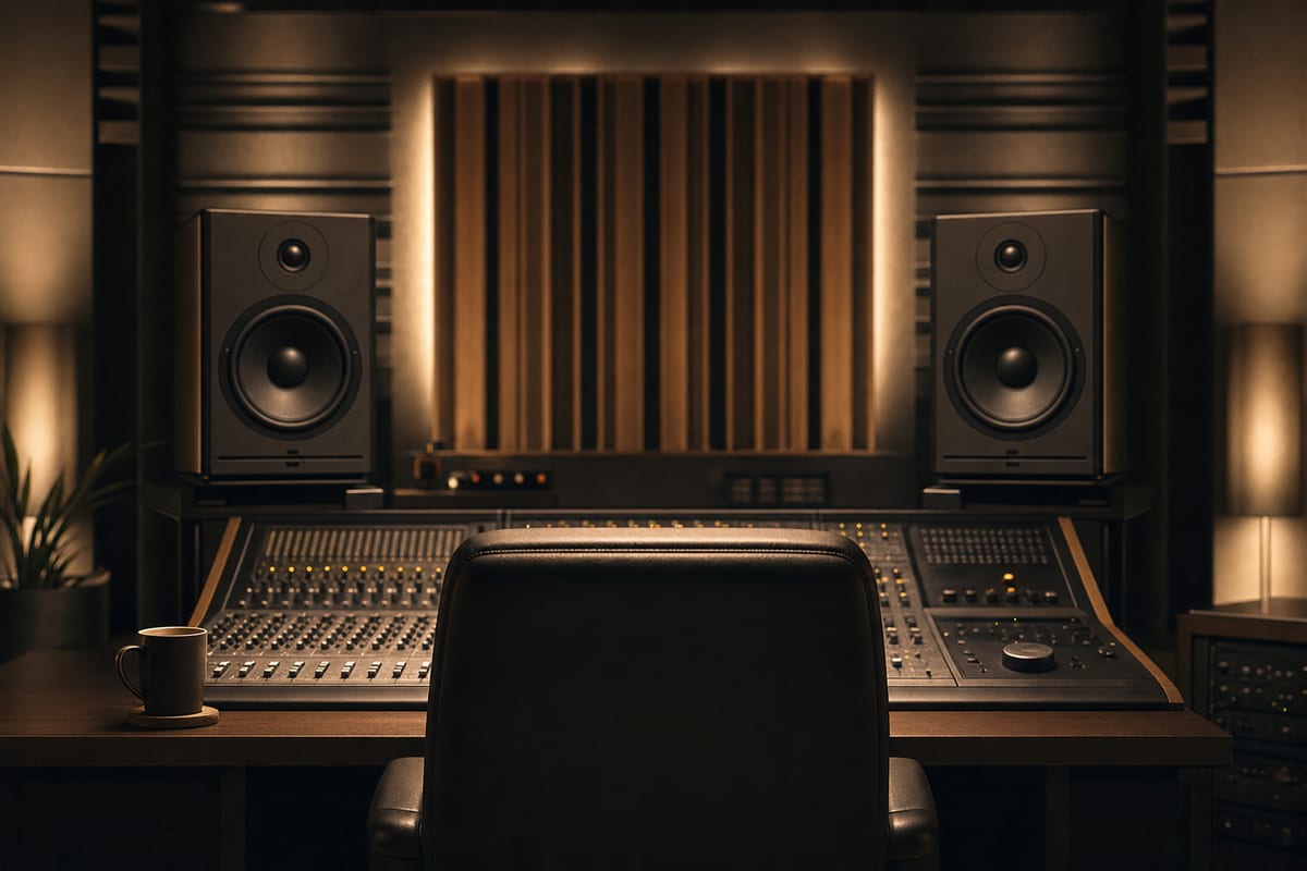 A dimly lit professional mastering studio with two large monitor speakers flanking a mixing console and an empty chair in the listening position.