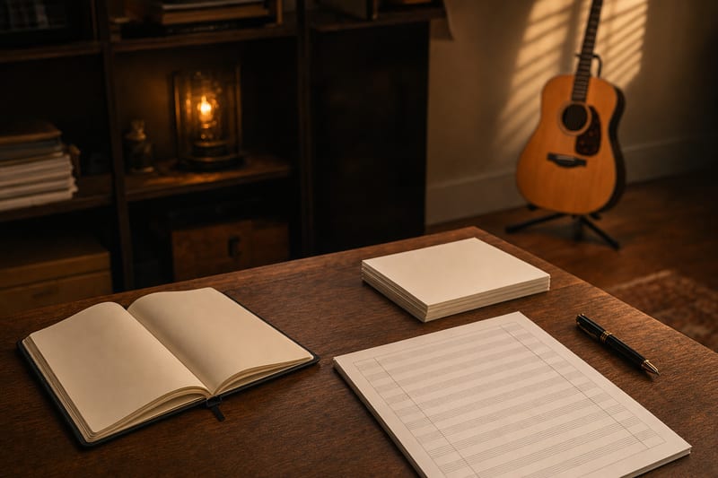 A warm publishing desk with a blank music licensing worksheet, notebook, pen, and an acoustic guitar resting on a stand, no readable text or logos.