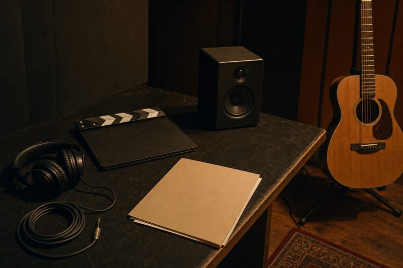 Moody studio table with a blank folder, turned clapperboard, speaker, coiled cable, headphones, and intact acoustic guitar resting on a stand.