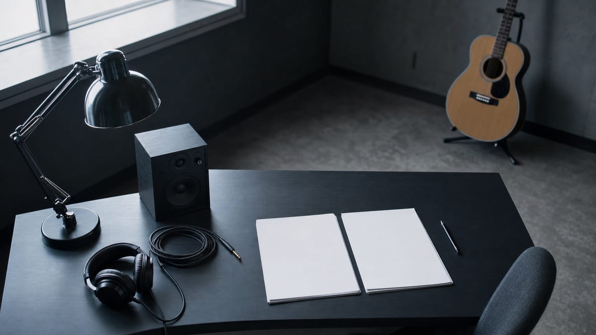Cool blue-gray licensing desk with blank agreement pages, headphones, a small speaker, and a guitar leaning against a wall.