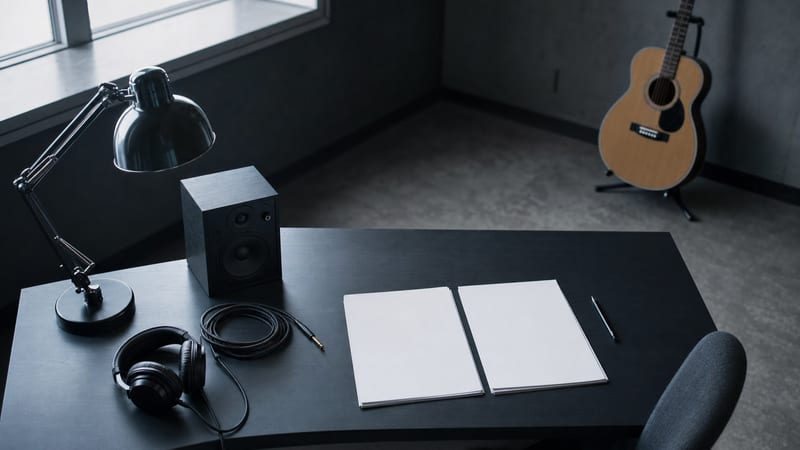 Cool blue-gray licensing desk with blank agreement pages, headphones, a small speaker, and a guitar leaning against a wall.