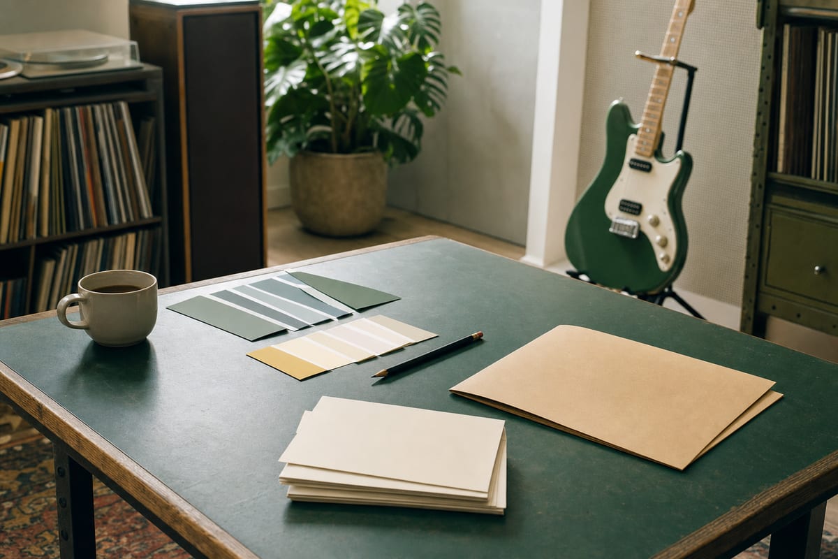Bright worktable with blank folders, unmarked color swatches, pencil, records, and intact green electric guitar resting on a stand.