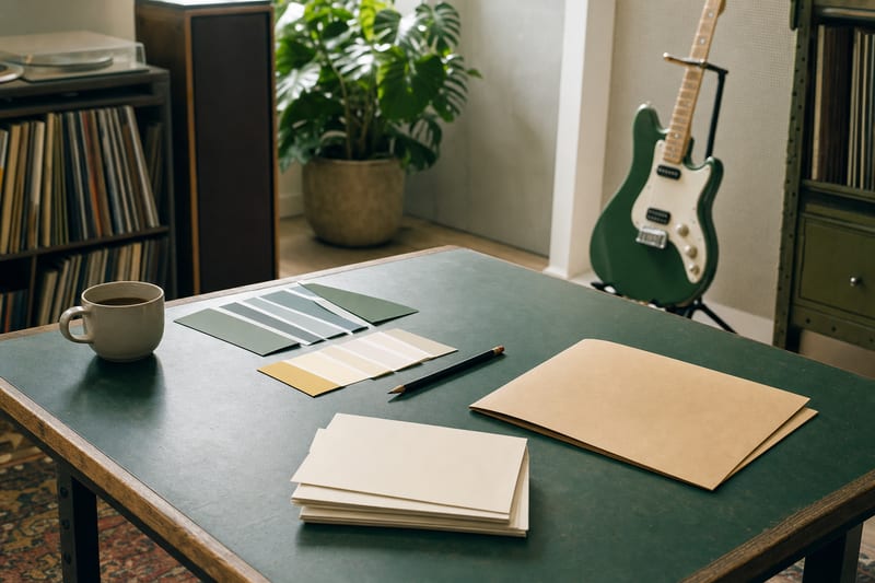 Bright worktable with blank folders, unmarked color swatches, pencil, records, and intact green electric guitar resting on a stand.