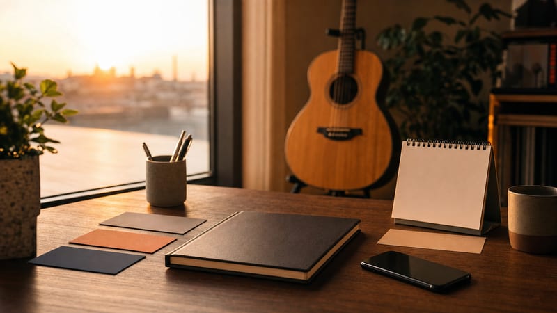 Warm sunrise desk with a closed notebook, blank color cards, a face down phone, a small blank calendar, and an acoustic guitar resting on a stand.