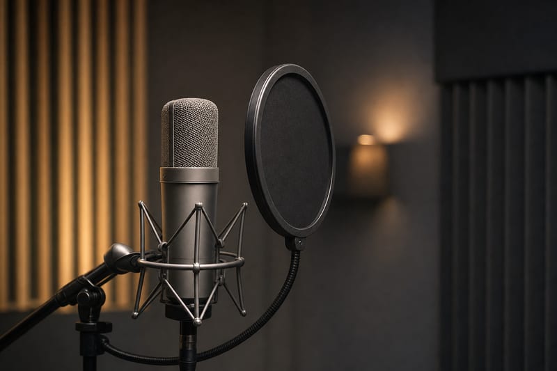 Studio microphone with a pop filter in a recording booth.