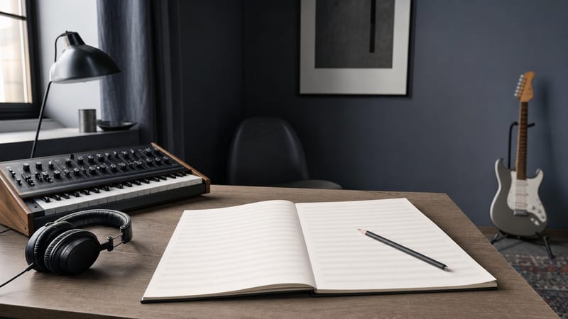 Cool blue-grey writing room with blank staff paper, pencil, headphones, and a guitar resting against a wall, with no readable text or logos.