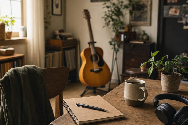 A home music room with an acoustic guitar resting on a stand in the background and a closed notebook, pen, coffee mug, plant, and headphones on a wooden desk in the foreground.