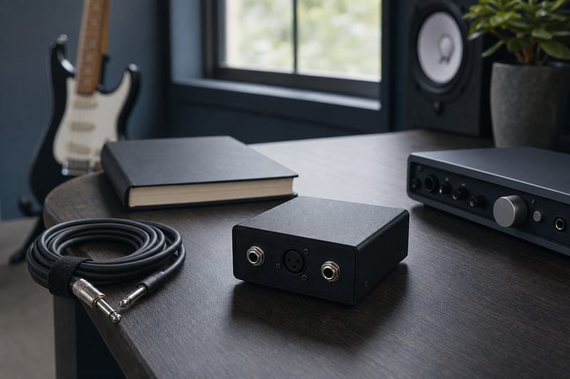 Cool blue-gray studio desk with a compact black reamp box, coiled cable, closed black notebook, audio interface, and a small intact guitar resting on a stand in the background.