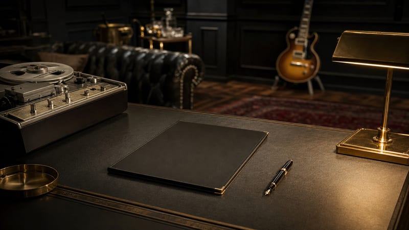 Dark charcoal and brass business desk with blank contract folder, fountain pen, tape reel, and a guitar resting in the background, with no readable text or logos.