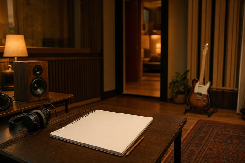 Warm analog recording room with blank session notes, headphones, a small speaker, and a guitar resting on a stand.