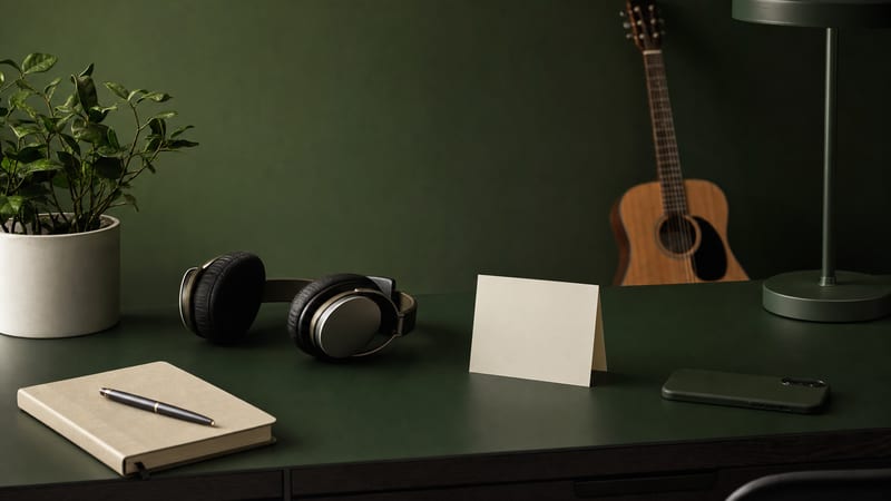 Minimal dark green and cream desk with headphones, blank release card, phone turned face down, plant, and guitar resting in the background with no readable text or logos.