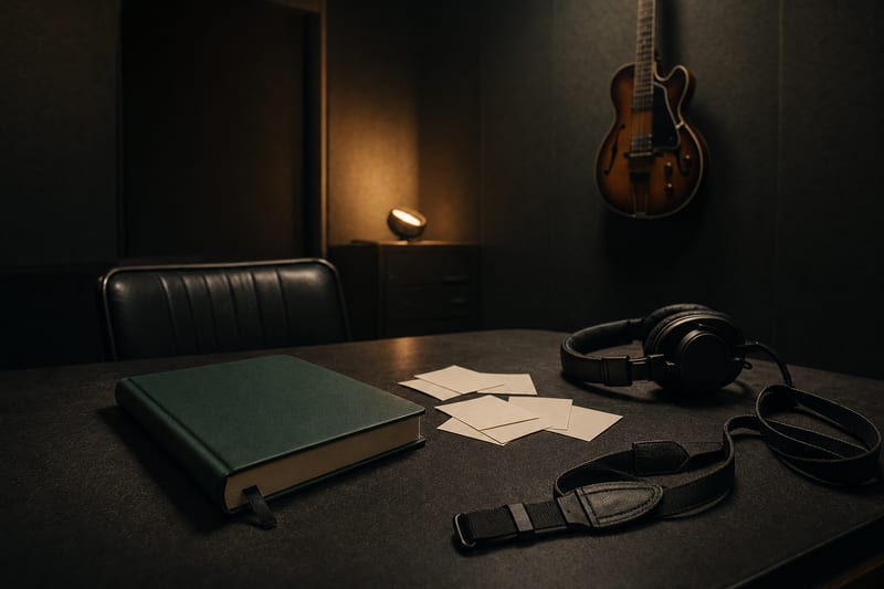 Dark charcoal desk with a closed tan planner, blank release cards, pencil, headphones, folded photo print, and a small intact guitar resting in the background.
