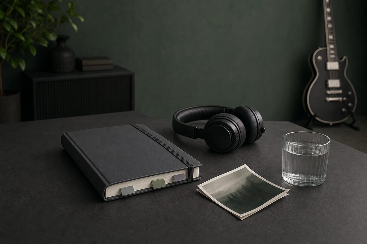 Dark charcoal desk with a closed black planner, blank color tabs, folded photo print, headphones, and a small intact electric guitar resting on a stand in the background.