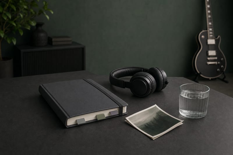 Dark charcoal desk with a closed black planner, blank color tabs, folded photo print, headphones, and a small intact electric guitar resting on a stand in the background.
