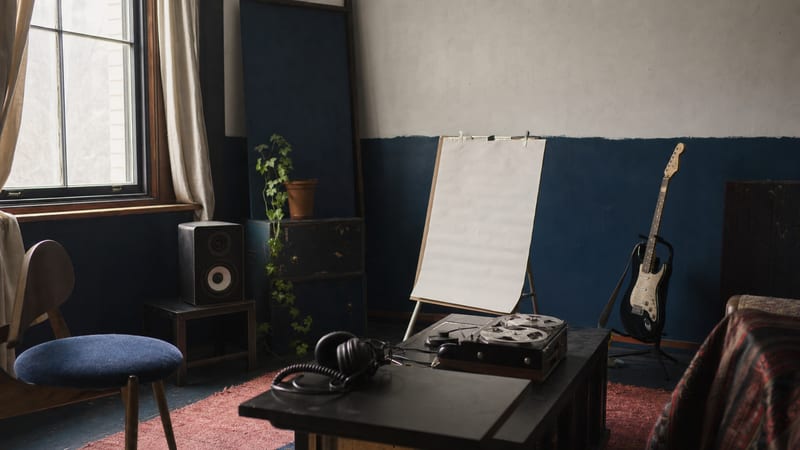 Editorial rehearsal room with headphones, tape reels, a blank paper board, and a guitar resting on a stand, with no readable text or logos.