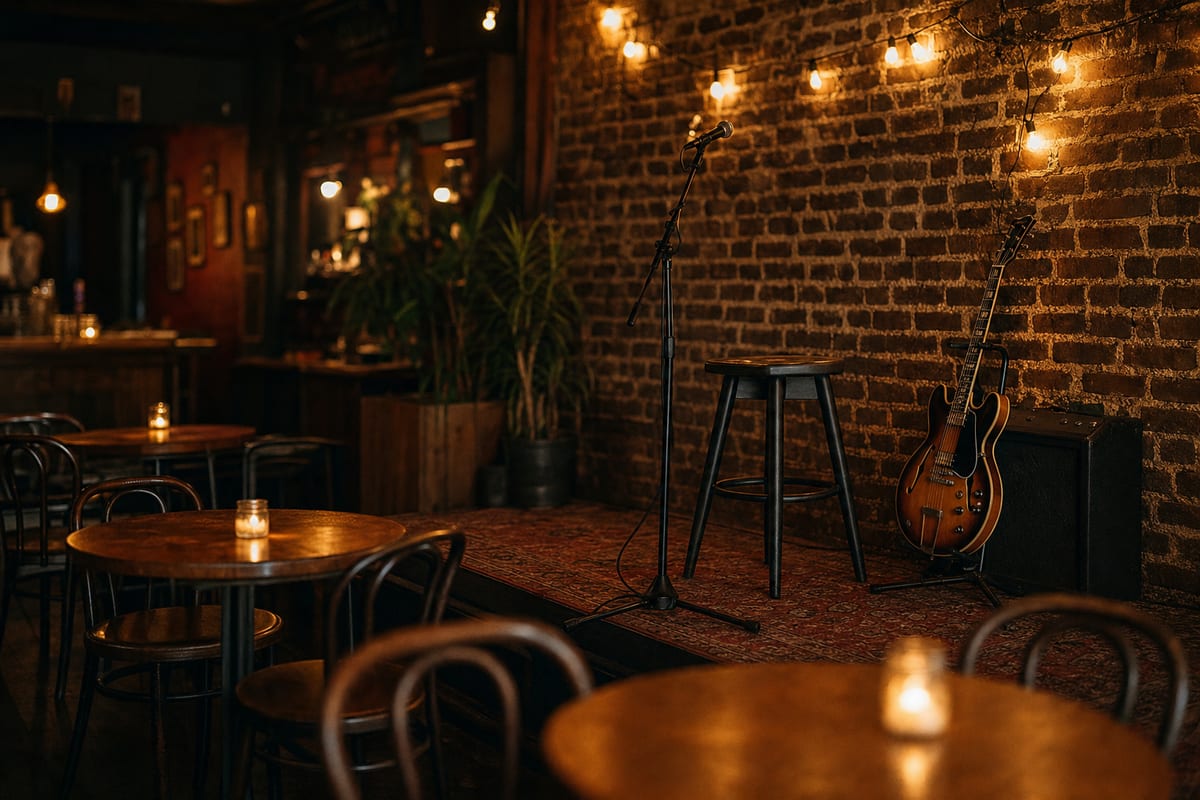 A small intimate bar-venue stage with an electric guitar resting on a stand, a stool, a microphone, and string lights on a brick wall.