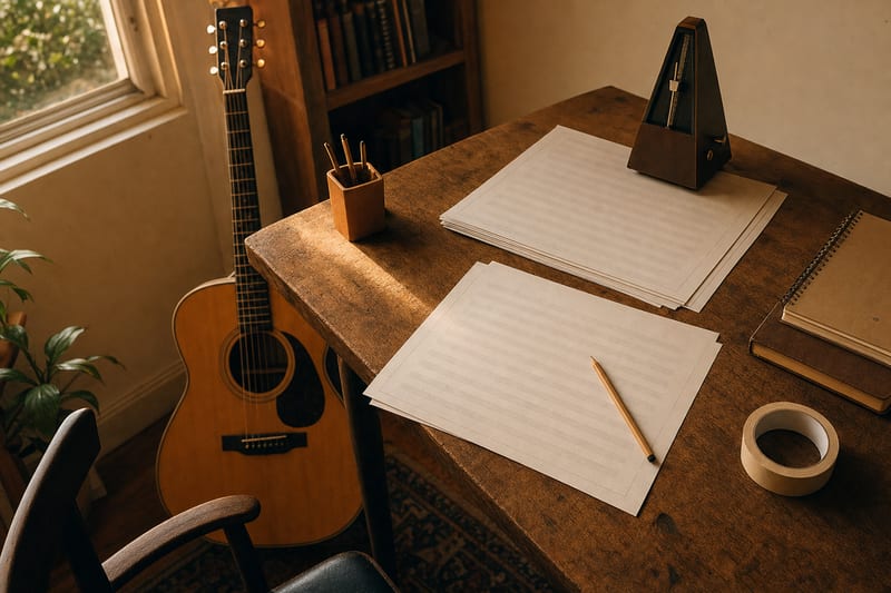 Warm home studio desk with blank arrangement sheets, a metronome, a pencil, and a guitar resting safely by the window.