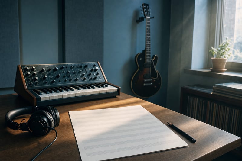 Cool blue-grey songwriting studio with blank staff paper, pencil, headphones, analog synthesizer, and a guitar resting on a wall hanger, with no readable text or logos.