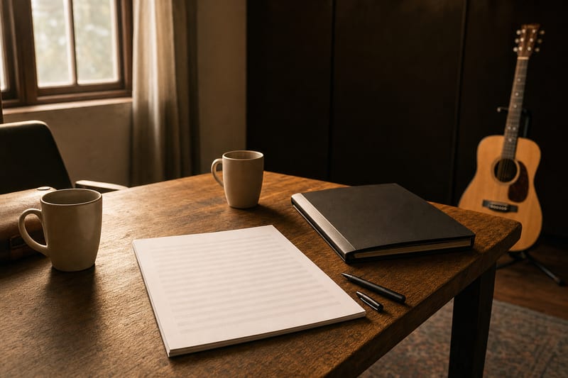 Warm editorial desk with a blank co-writing worksheet, capped pen, two coffee cups, a closed folder, and a small intact acoustic guitar resting on a stand in the background.
