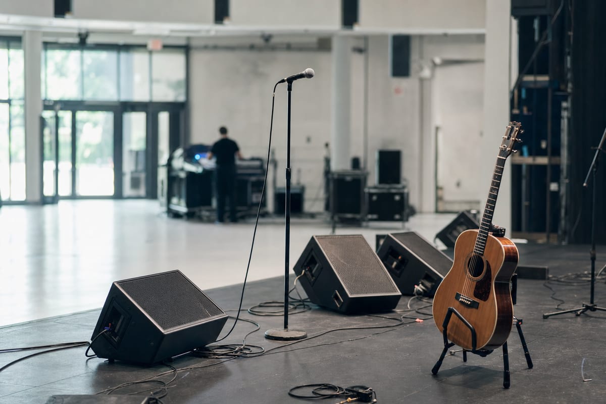 An empty stage during a daytime soundcheck with a center microphone, monitor wedges, and an acoustic guitar resting on a stand.