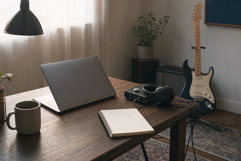 Warm studio desk with a blank notebook, closed laptop, headphones, audio interface, and intact electric guitar resting on a stand.