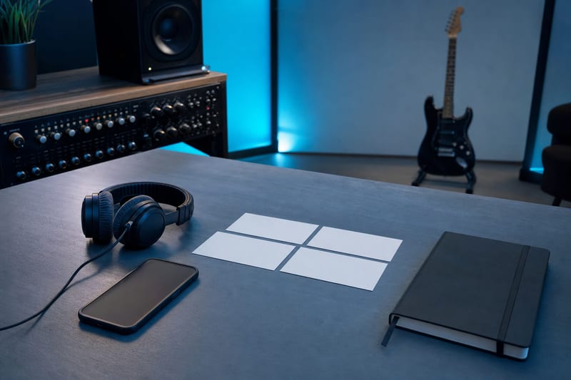 Cool blue-gray studio desk with a phone turned face down, blank storyboard cards, a closed notebook, soft headphones, and a small intact electric guitar resting on a stand in the background.