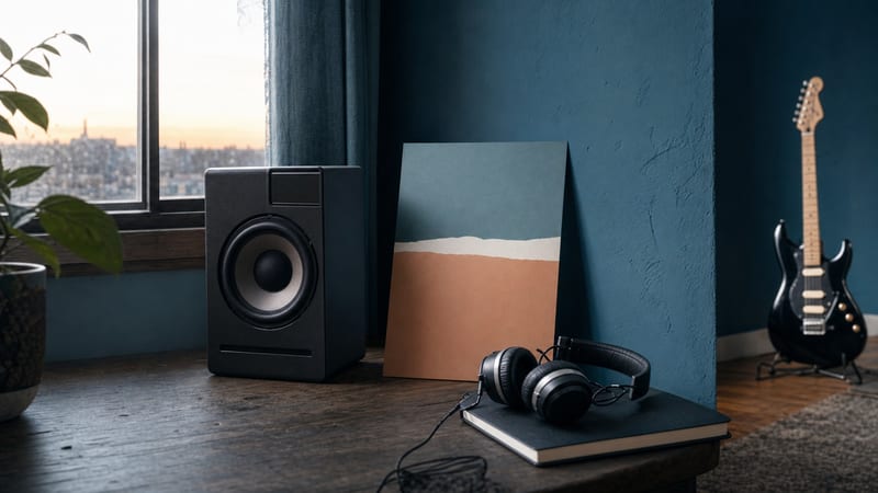 Cool blue studio corner with a speaker, abstract color card, headphones, and a small guitar resting against the wall.