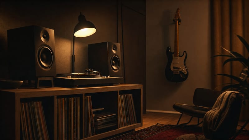 Dark amber listening corner with studio monitors, turntable, records, lamp, and a guitar resting on a wall hanger.