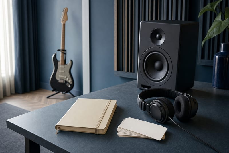 Cool slate-blue studio corner with a closed cream notebook, blank listening cards, headphones, compact speaker, and a small intact electric guitar resting on a stand in the background.