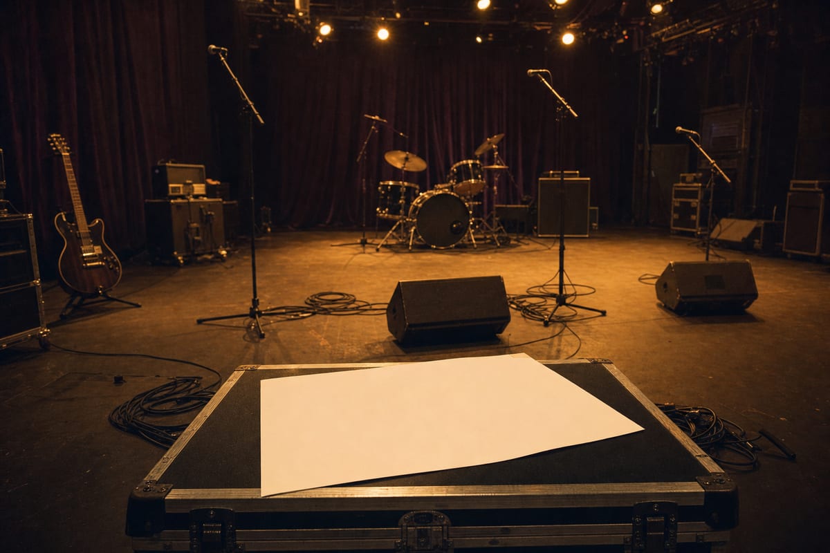 Wide amber-lit empty venue stage with a blank plan sheet on a road case, coiled cables, monitor wedges, microphone stands, and an intact guitar resting on a stand.