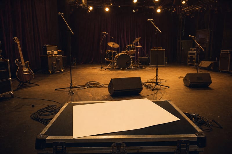 Wide amber-lit empty venue stage with a blank plan sheet on a road case, coiled cables, monitor wedges, microphone stands, and an intact guitar resting on a stand.