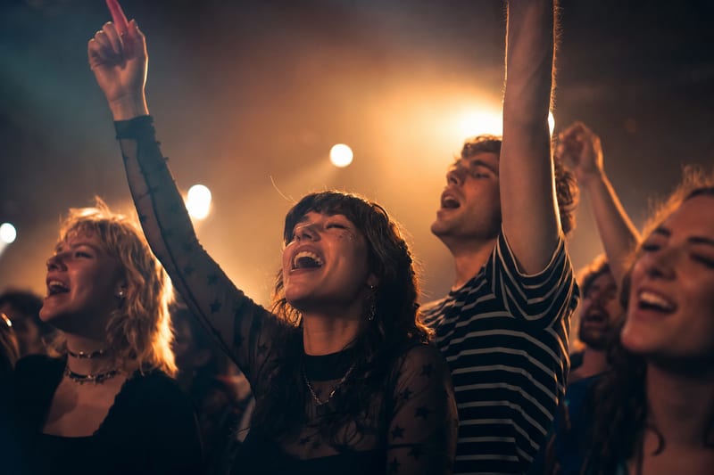 A small group of fans at an intimate concert singing along with hands raised, lit by warm stage light.