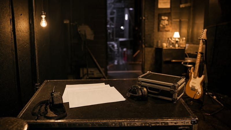 Dark amber backstage planning table with blank run sheets, a radio, headphones, and a guitar resting safely in the corner.