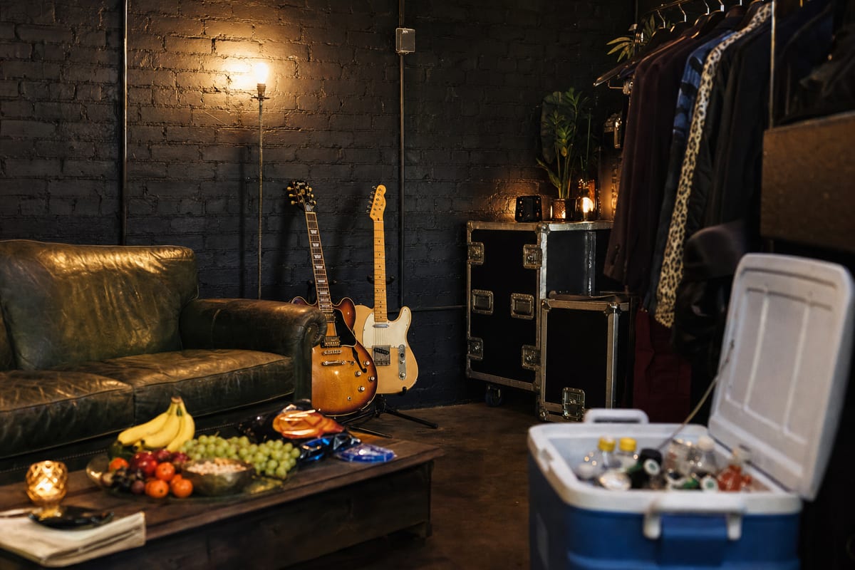 A backstage green room with a worn leather sofa, a snack and fruit tray, a cooler of drinks, and two electric guitars resting on stands against a brick wall.