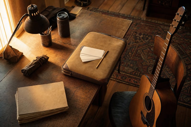 Warm amber road-planning desk with a closed map portfolio, blank route cards, pencil, cable, travel mug, and a small intact guitar resting beside the table.