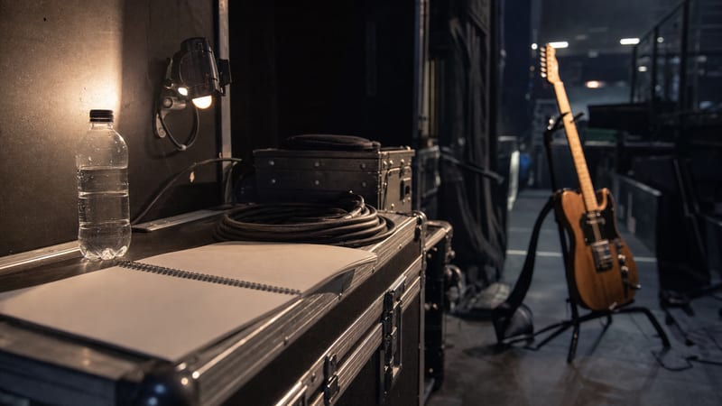 Backstage touring workspace with a blank road notebook, coiled cables, a water bottle, road cases, and a guitar resting on a stand, with no readable text or logos.