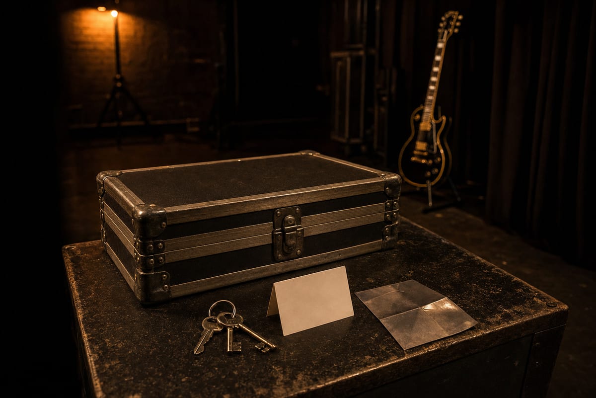 Moody dark-amber backstage table with a closed black road case, blank date card, metal key ring, unmarked folded pass, and a small intact electric guitar resting on a stand in the background.