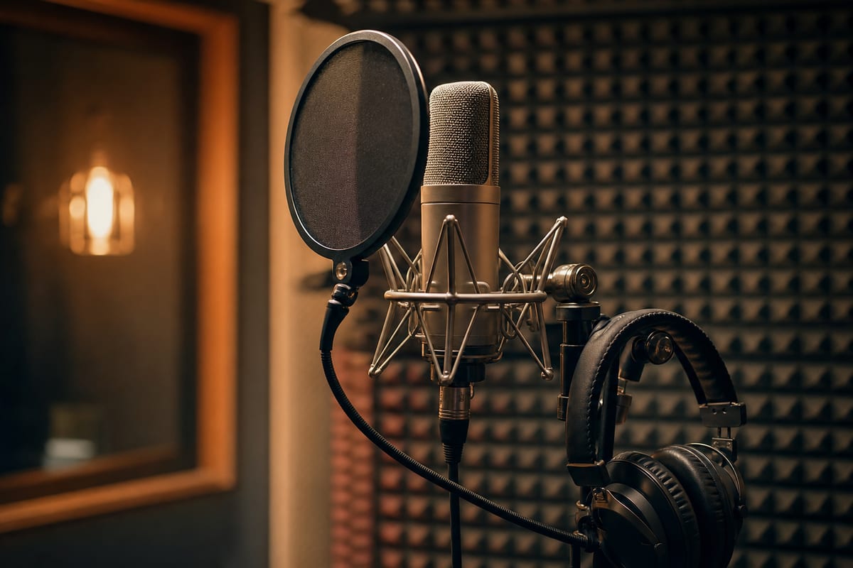 A large-diaphragm condenser microphone with a pop filter in a studio vocal booth, with closed-back headphones hanging on the stand and acoustic panels blurred behind.
