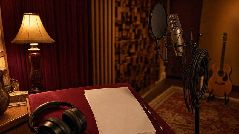 Warm burgundy recording corner with a microphone, headphones, blank pages, and a guitar resting in the background.
