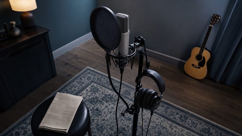 Cool home vocal studio with a condenser microphone, pop filter, headphones, blank lyric sheet, and a small guitar resting against the wall.