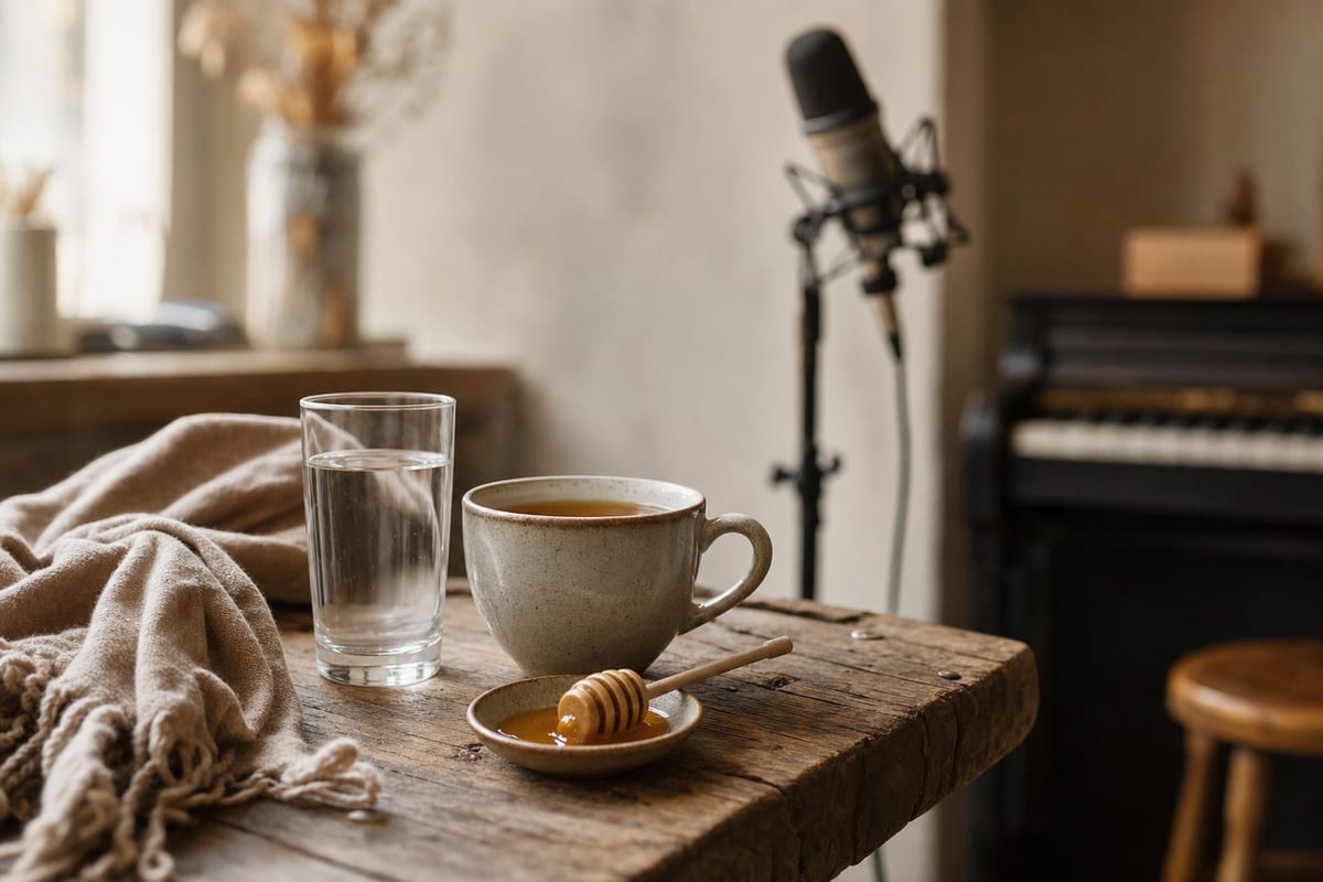A singer's water bottle, towel, and a small practice keyboard on a studio table, soft morning light, editorial photo, no readable text.