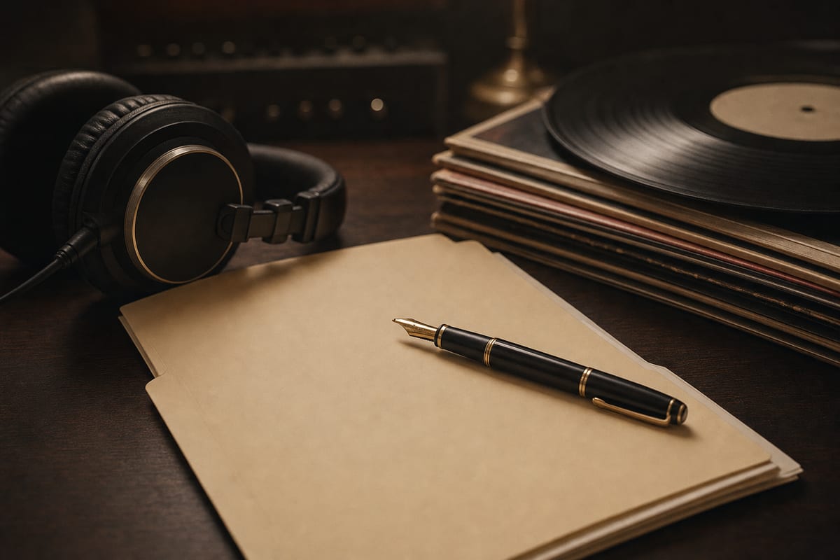 A fountain pen resting on a blank cream folder beside studio headphones and a stack of vinyl records on a dark desk.