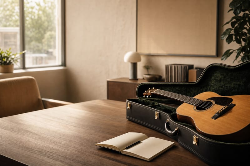 A guitar resting in an open case on a quiet office table beside a notebook.