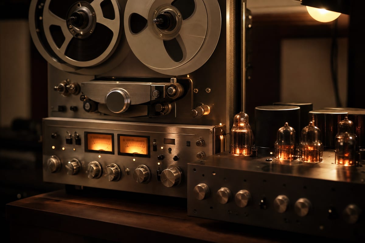 A close-up of a vintage tape machine and glowing tube gear in a dim studio.